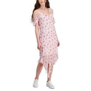 Tinseltown Mesh Ruffle Cold Shoulder Midi Dress Cloud Pink Juniors XS Cowl Neck